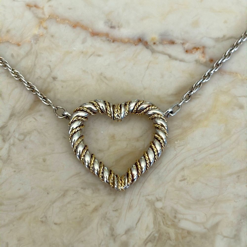 Tiffany & Co 18K Gold & 925 Sterling Silver Twisted Rope Open Heart Necklace 20”